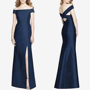 NWT Alfred Sung Off The Shoulder Criss Cross
Back Satin Dress Gown Midnight Blue